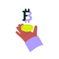Bitcoin token logo held in hand symbolizing cryptocurrency and blockchain technology, isolated flat vector illustration Royalty Free Stock Photo