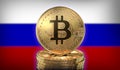 Bitcoins infront of Russian Flag.