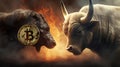 Bitcoin trading battle, angry bull confronts ferocious bear in stock market showdown
