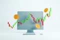Bitcoin trading chart on computer screen with floating coins. 3D Rendering