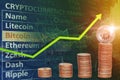 Bitcoin trading price rising new high concept,BTC coin stacked overlay with chart up arrow for cryptocurrency market news