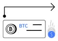 Bitcoin transaction process depicted with BTC icon, coins, and an arrow symbolizing direction flow