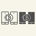 Bitcoin transfer line and glyph icon. Crypto coin and smartphones vector illustration isolated on white. Cryptocurrency