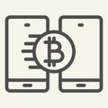 Bitcoin transfer line icon. Crypto coin and smartphones vector illustration isolated on white. Cryptocurrency on phone