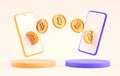 Bitcoin transfer between mobile phones, P2P sending and receiving BTC coins. Smartphone online exchange payment app,