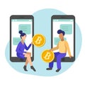 Bitcoin transfer between people in smartphones, flat styling. Vector illustration of online payment, money transaction.