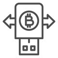 Bitcoin transportation line icon. Secure key device and arrows symbol, outline style pictogram on white background Royalty Free Stock Photo