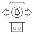 Bitcoin transportation thin line icon. Secure key device and arrows symbol, outline style pictogram on white background Royalty Free Stock Photo