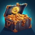 Bitcoin Treasure box, illustration of medieval ancient wooden cartoon chests, game old pirate treasures, lock boxes for Bitcoin