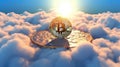 Bitcoin In A Triangular Mountaint Blue Sky. Generative AI