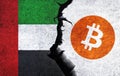 Bitcoin and United Arab Emirates flag on a wall with a crack