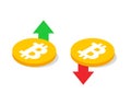 Bitcoin with up and down arrows. Fall and rise of the bitcoin cryptocurrency rate symbol. Vector EPS 10