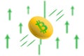 Bitcoin up. Green arrow up with gaussian blur effect background. Bitcoin market price soaring. Green chart rise up.