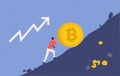 Bitcoin upward growth. Miner lifts up a big bitcoin coin uphill, upward trend concept. Crypto currency