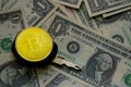 Bitcoin and us dollar close up view