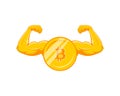 Bitcoin vector, golden coin with strong man`s arms shows muscle and strength