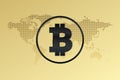 Bitcoin vector sign. Gold background with world map. Blockchain technology, crypto currency symbol. Virtual money icon for Royalty Free Stock Photo
