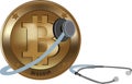 Bitcoin virtual currency for international listing with stethoscope