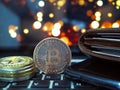 Bitcoin virtual money cryptocurrencies with bokeh in background