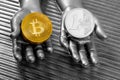 Bitcoin vs euro coins concept on silver futuristic