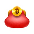 Bitcoin wallet concept icon, golden bitcoin coin red purse, vector illustration.