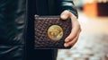 Bitcoin wallet in the hands of a girl in a leather jacket. Generative AI