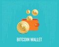 Bitcoin wallet illustration with coin icons on the digital blue background.
