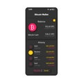 Bitcoin wallet organizer smartphone interface vector template. Mobile app page black design layout. Online payment