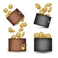 Bitcoin Wallet Set Vector. Bitcoin Gold Coins. Realistic 3d Brown And Black Bitcoin Wallet. Money Front Side. Technology