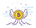 Bitcoin with wings flat illustration. Bitcoin icon flying in the sky. Crypto currency bit coin. Cryptocurrency emblem Royalty Free Stock Photo