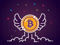 Bitcoin with wings flat illustration. Bitcoin icon flying in the sky. Crypto currency bit coin. Cryptocurrency emblem Royalty Free Stock Photo