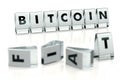 BITCOIN word written on blocks and fallen over blurry blocks with FIAT letters. Isolated on white. The most popular cryptocurrency