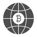 Bitcoin, world, globe currency solid icon, cryptocurrency concept, BTC worldwide vector sign on white background, glyph