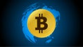 Bitcoin on world map and blue background, digital money concept, vector illustration Royalty Free Stock Photo
