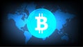Bitcoin on world map and blue background, digital money concept, vector illustration Royalty Free Stock Photo