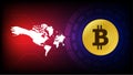 Bitcoin on world map and blue and red background, digital money concept, vector illustration Royalty Free Stock Photo