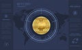 Bitcoin and world map, infographics blue flat design on graph paper and icons Royalty Free Stock Photo