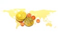 Bitcoin on world map and on white background Royalty Free Stock Photo