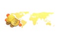 Bitcoin on world map and on white background Royalty Free Stock Photo