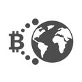 bitcoin worldwide silhouette vector icon isolated on white.