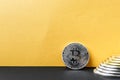 Bitcoin yellow background, coin bitcoin on the table