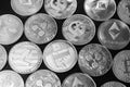 Bitcoins and altcoins in grayscale Royalty Free Stock Photo