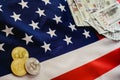 Bitcoins and american dollar bills with US flag background, copy space