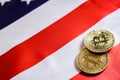 Bitcoins and american dollar bills with US flag background, copy space