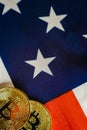 Bitcoins and american dollar bills with US flag background, copy space