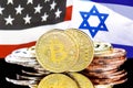 Bitcoins on american and Israeli flag background