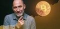 Bitcoins - Bitcoin in hand of a casual businessman wondering what the future is