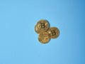 Bitcoins on blue background Royalty Free Stock Photo