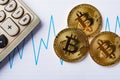 Bitcoins and caculator on chart as financial concept Royalty Free Stock Photo