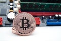 Bitcoins with Circuit Board Royalty Free Stock Photo